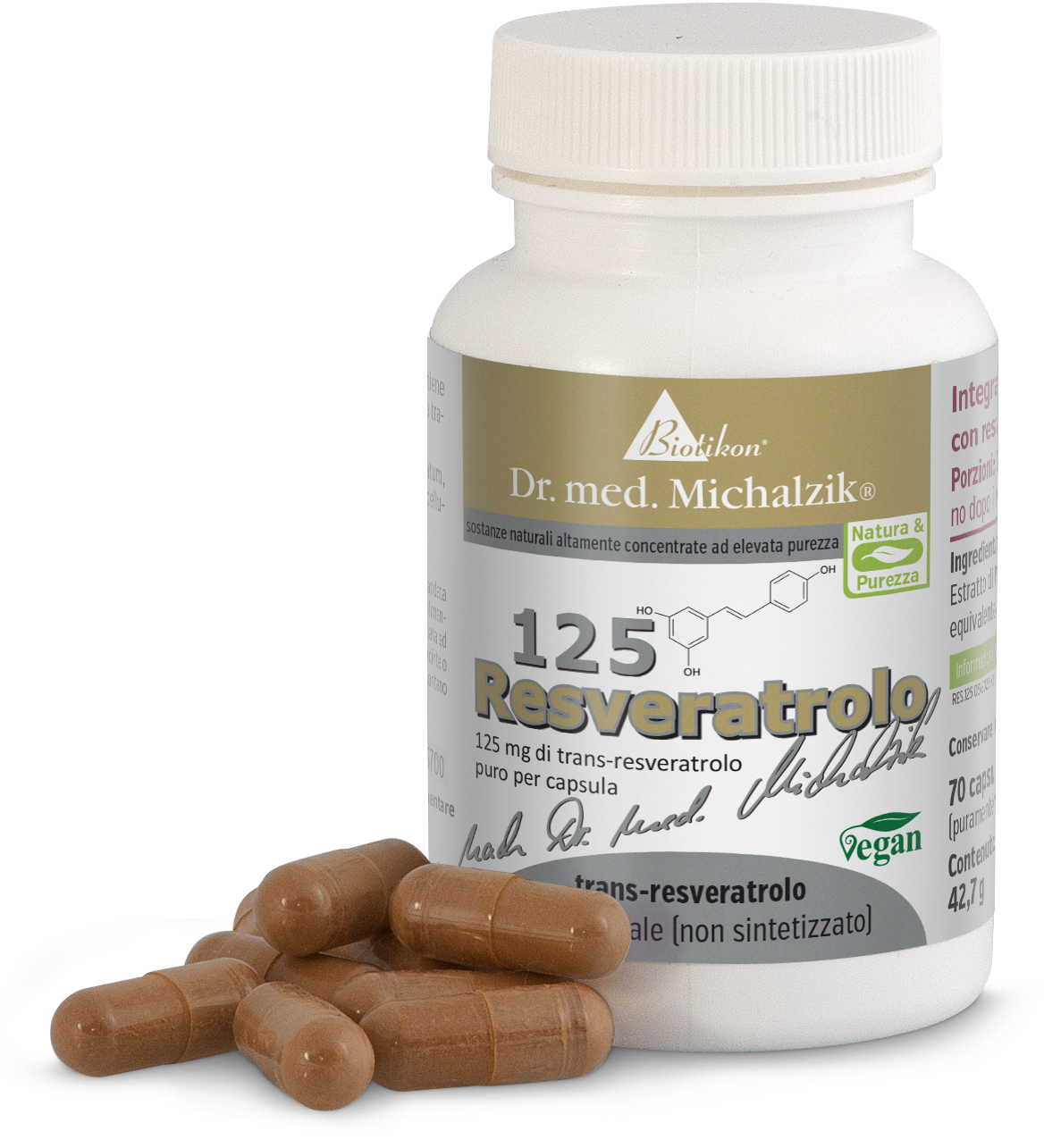 Resveratrolo 125 mg – Capsule Bottiglia con 70 capsule vegane di Resveratrolo 125 mg, mostrando capsule marroni.