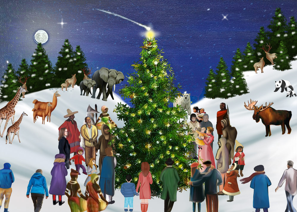 Scene di Natale – Illustrazione con Animali Illustrazione natalizia colorata con un grande albero decorato, diverse persone e vari animali nella neve sotto un cielo notturno.