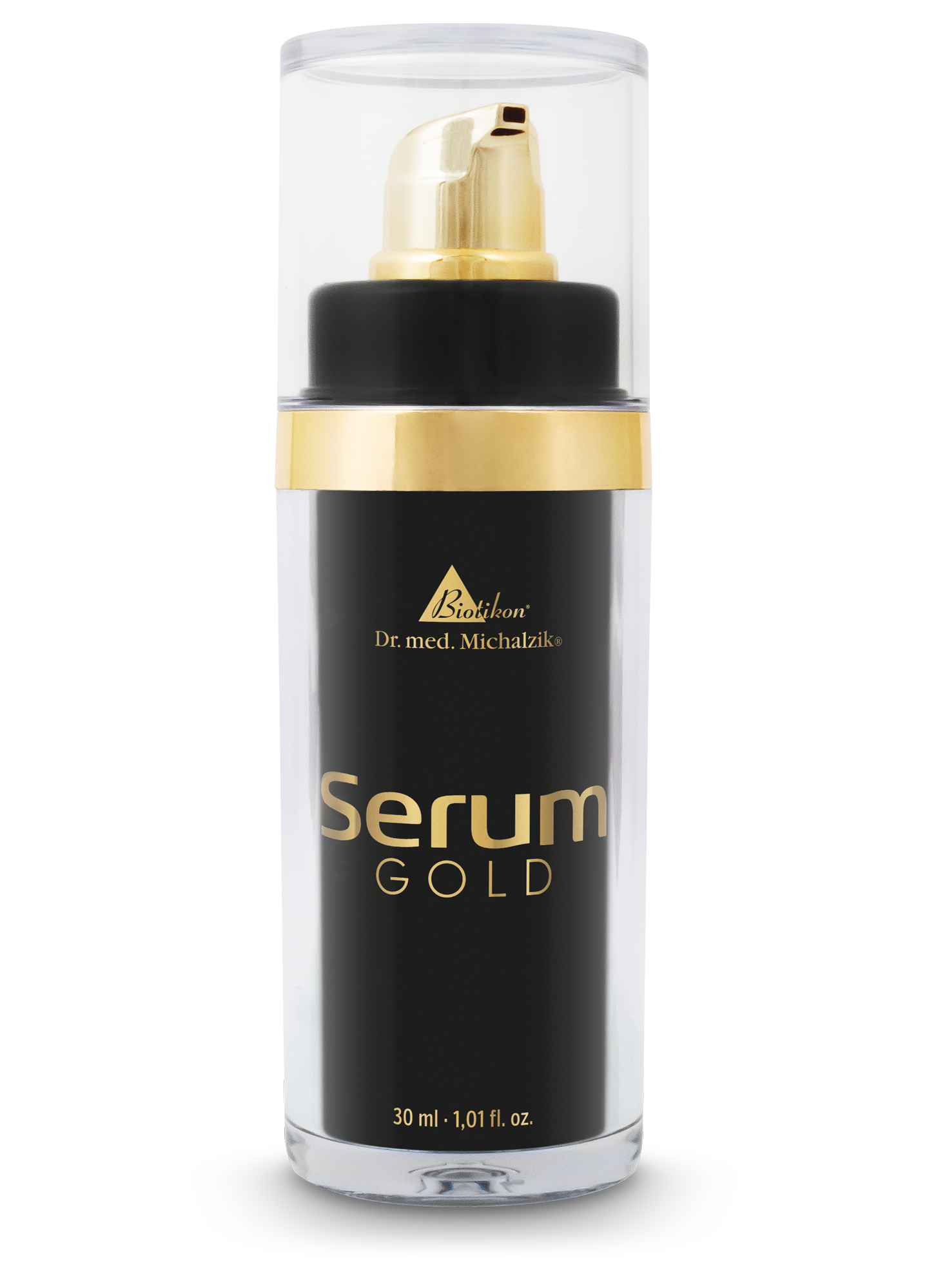 Siero Viso Oro - 30 ml Siero viso oro in bottiglia nera, 30 ml, con accenti dorati e distributore a pompa.