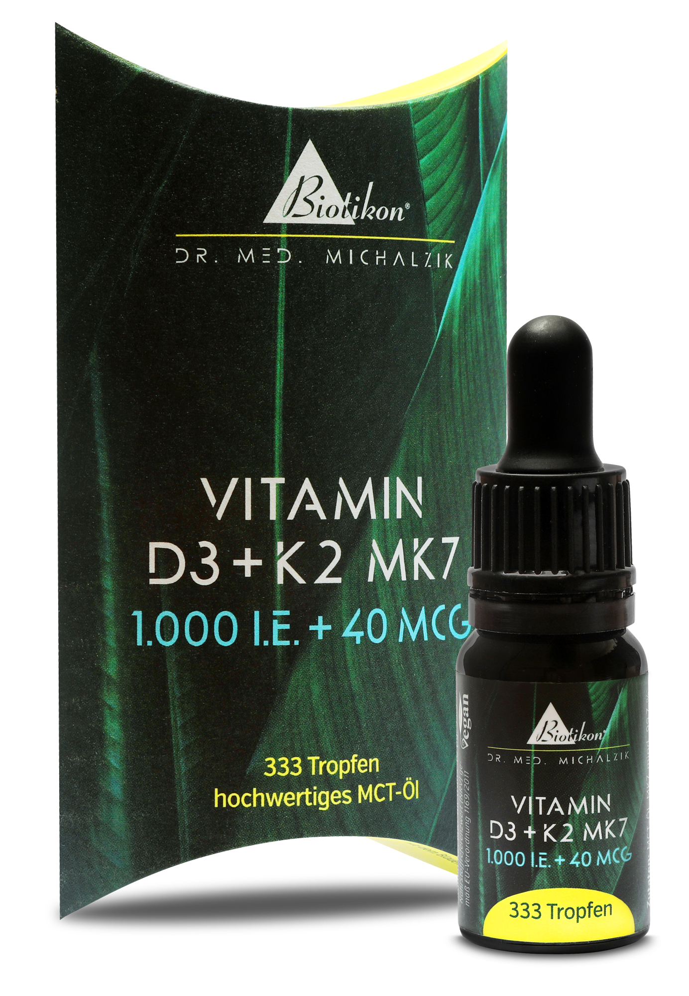 Vitamina D3 K2 MK7 1000 I.E. – Gocce Vitamina D3 e K2 MK7, 333 gocce in una bottiglia contagocce scura, circondata da un imballaggio colorato.