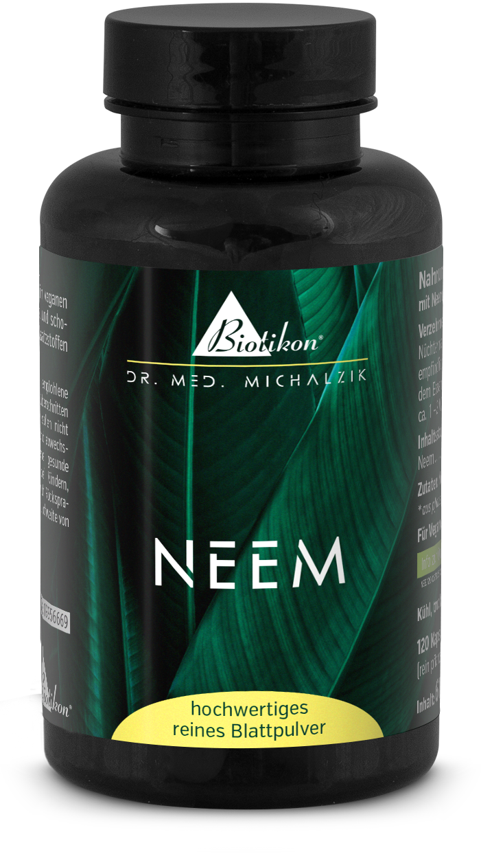 Polvere di Foglie di Neem 120 Capsule - Alta Qualità Capsule di polvere di foglie di neem in bottiglia nera, 120 pezzi, foglie verdi sullo sfondo.
