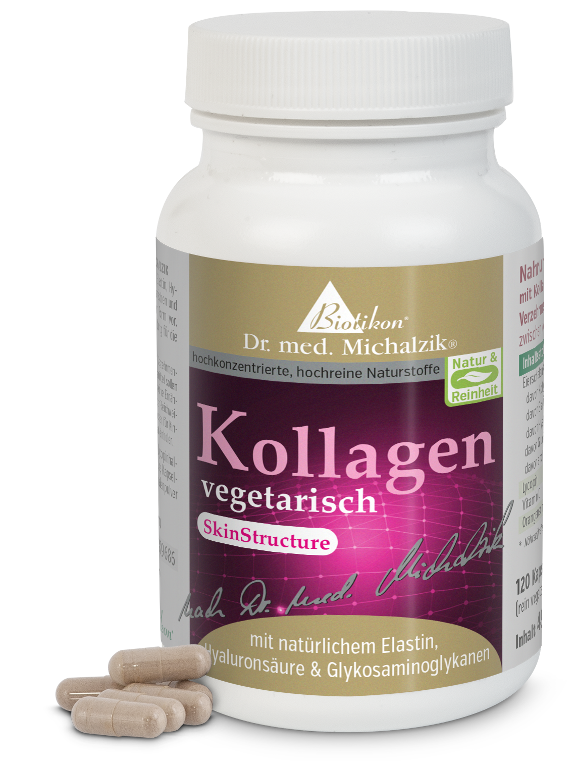 Collagene Vegetariano 120 Capsule Contiene 120 capsule vegetariane, beige, in un contenitore bianco rotondo con etichetta.