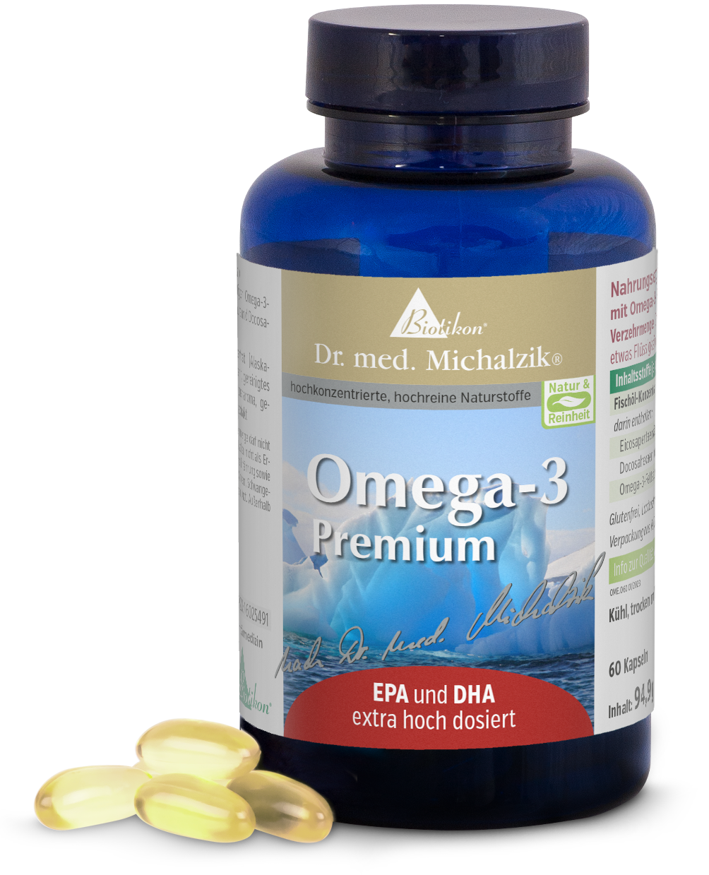 Omega-3 Premium – 60 Capsule Bottiglia di capsule Omega-3, blu, 60 pezzi, vista prospettica. Capsule beige.