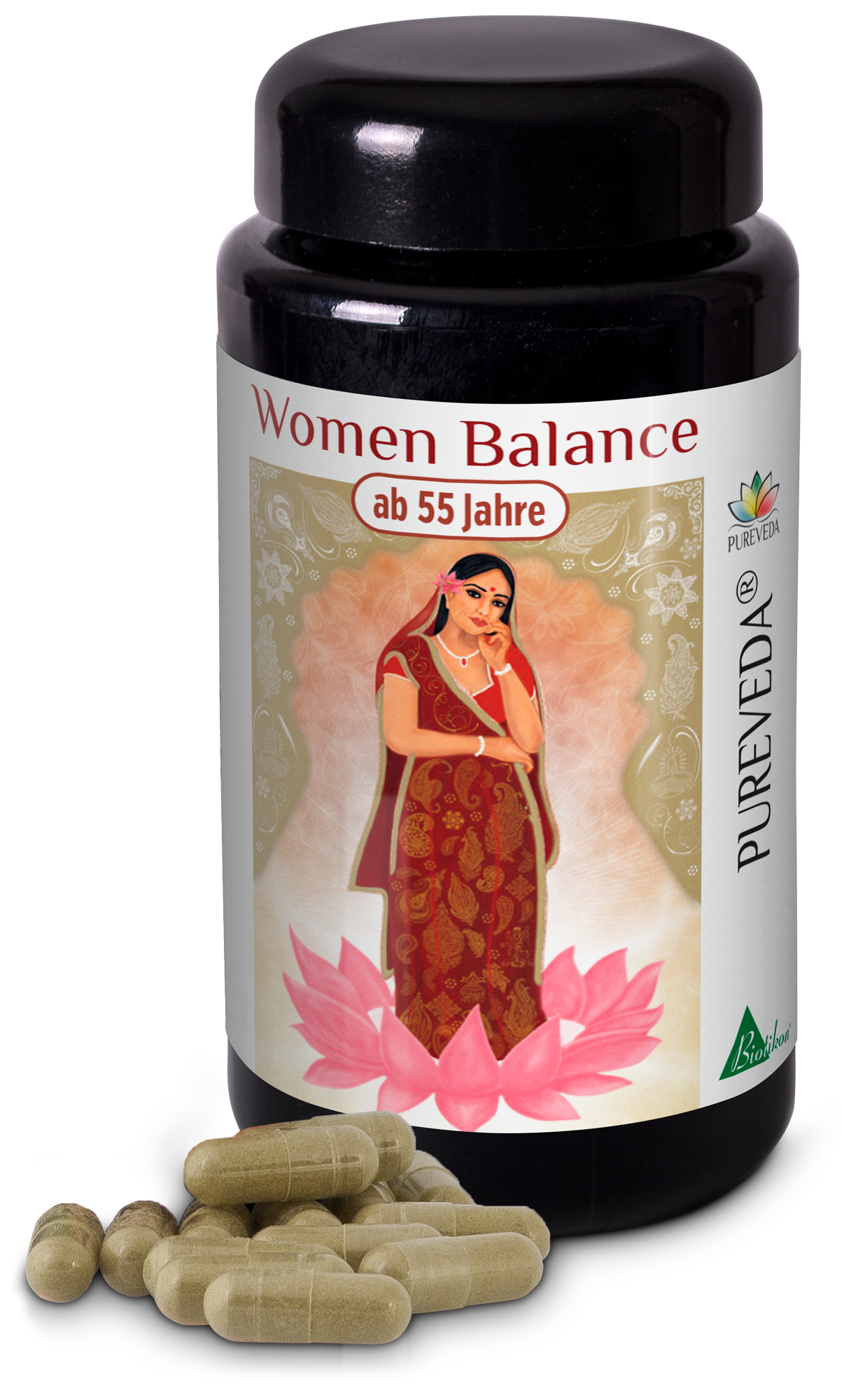 Capsule Donne Equilibrio per Over 55 Bottiglia marrone scuro con 60 capsule per donne oltre 55 anni, con confezione decorativa.