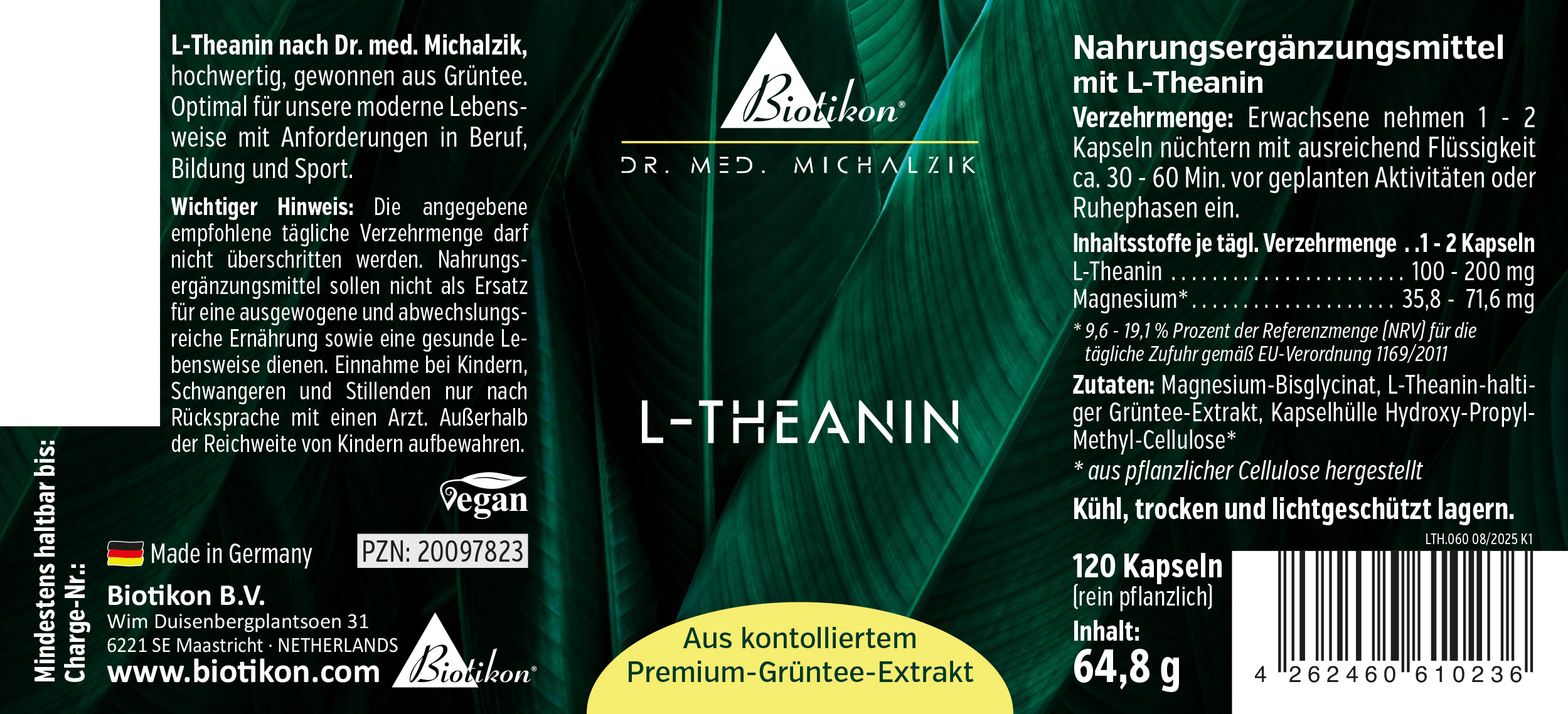 Etichetta del contenitore delle capsule di L-teanina Etichetta del contenitore delle capsule di L-teanina