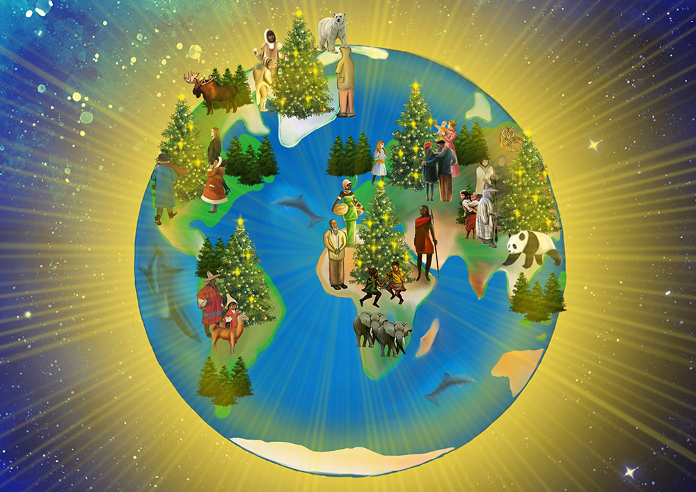 Mappa del Mondo con Alberi di Natale - Rappresentazione Festiva Mappa del mondo colorata con alberi di Natale, animali e figure umane di diverse culture su uno sfondo luminoso.