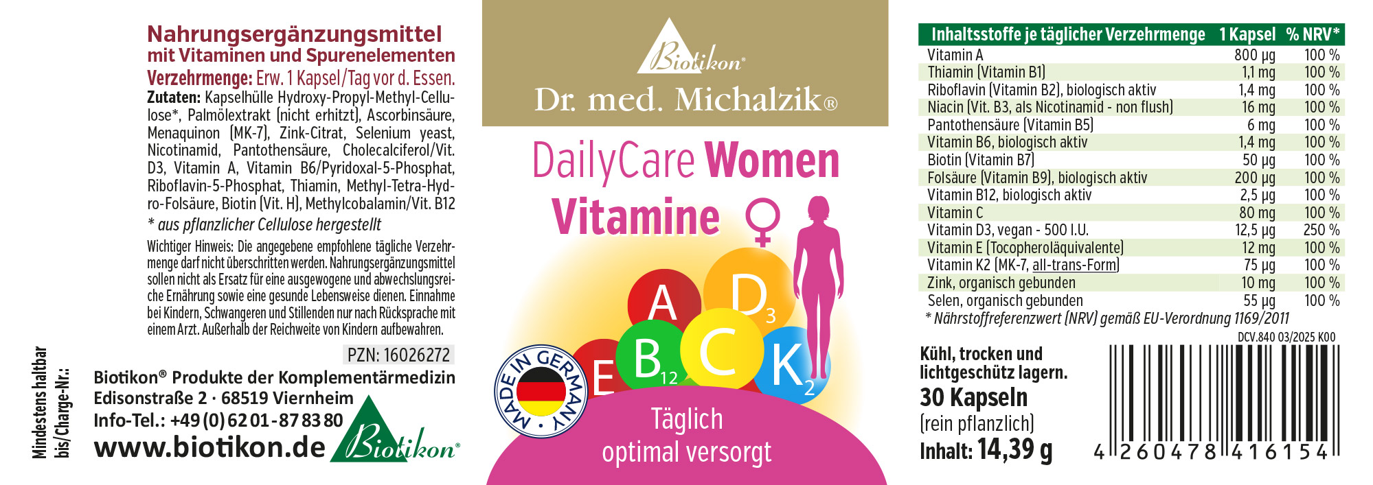 Vitamini DailyCare Donne – 30 Capsule Integratore alimentare per donne, 30 capsule, confezione colorata, vista laterale.