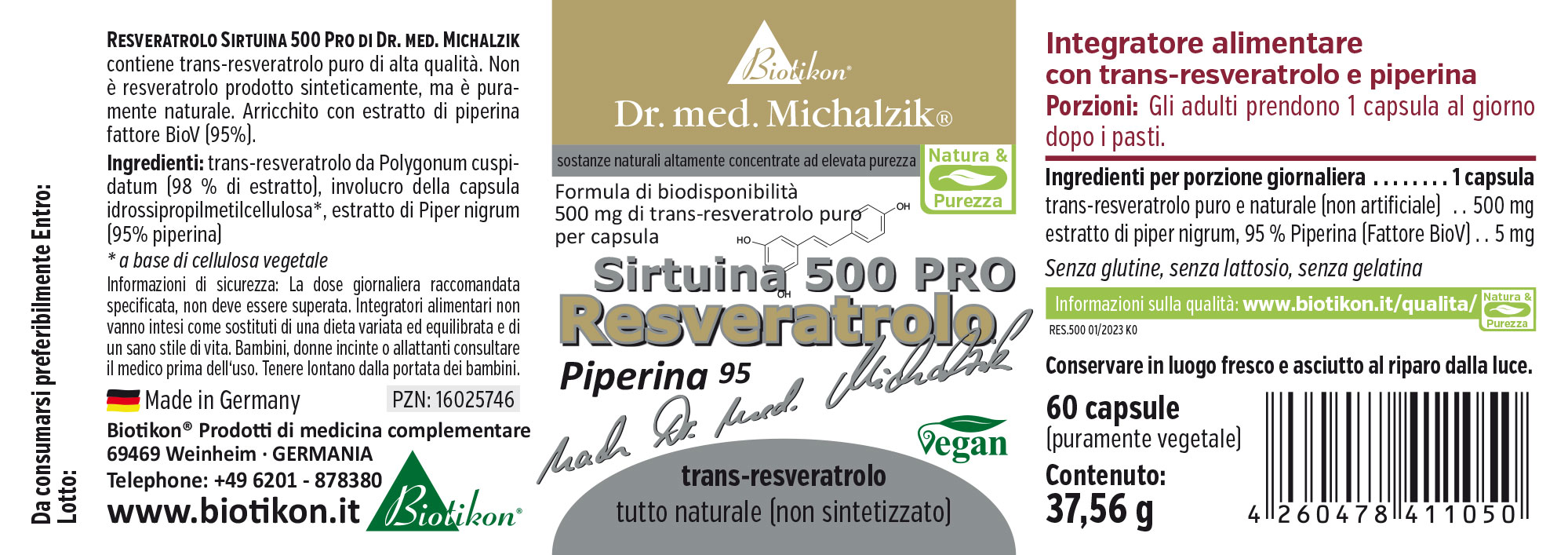 Resveratrolo Sirtuina 500 mg – 60 Capsule Integratore alimentare con 500 mg di trans-resveratrolo e 95% di piperina, 60 capsule vegane, in confezione trasparente.
