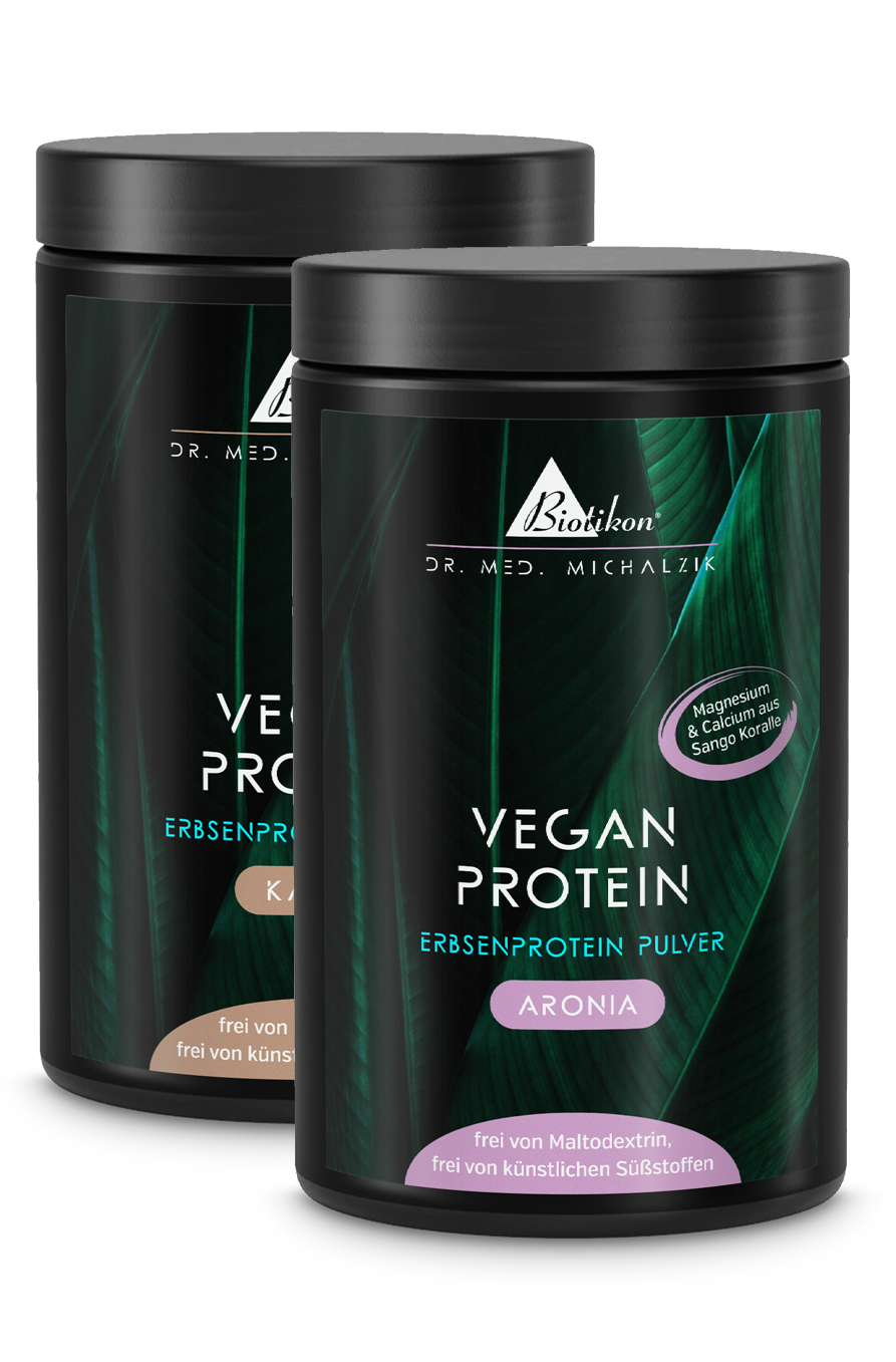 Due barattoli di polvere di proteine vegetali bianche, gusti Aronia e cacao, 400 g.