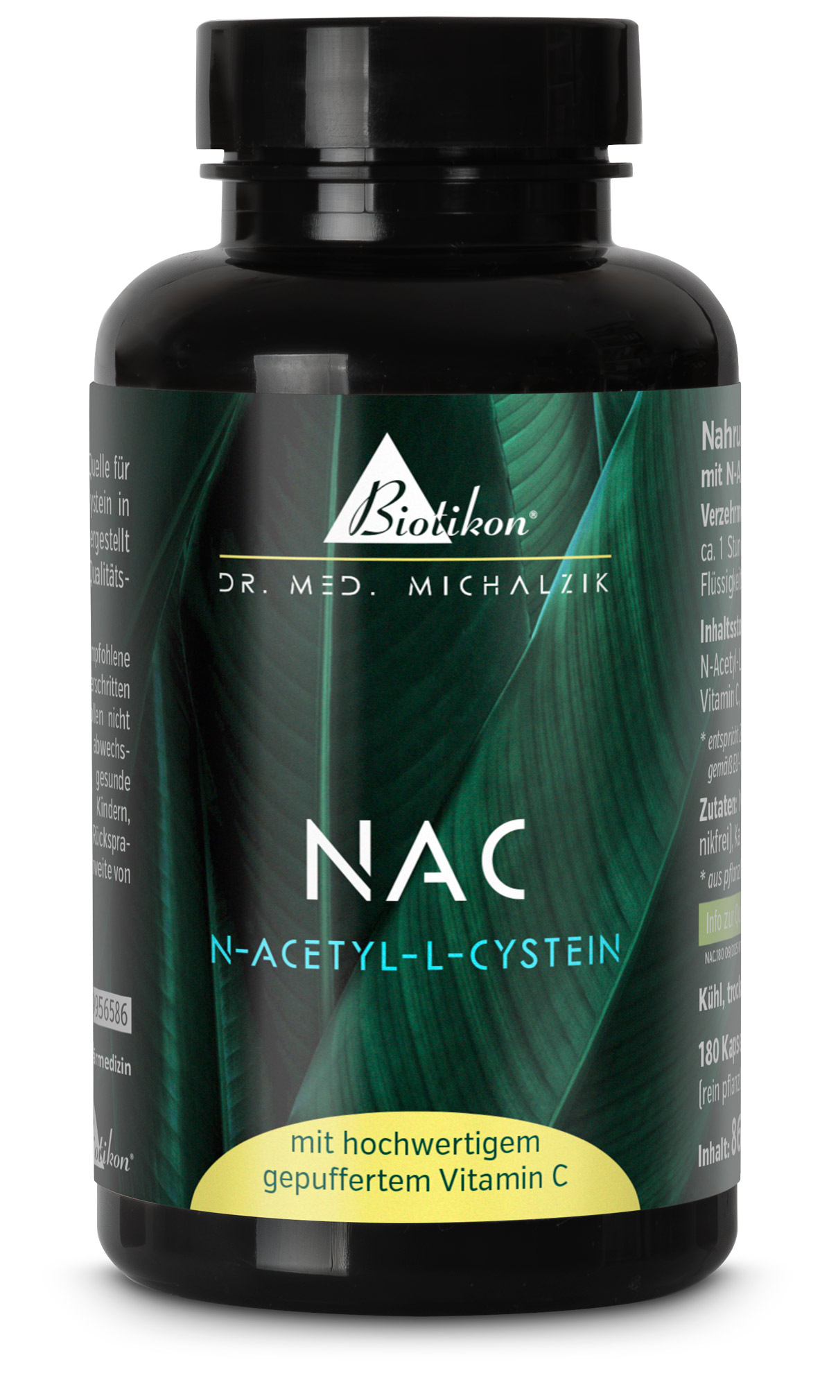 Bottiglia nera di capsule con N-Acetil-L-Cisteina, 180 capsule, alta purezza, senza additivi, design foglia verde.