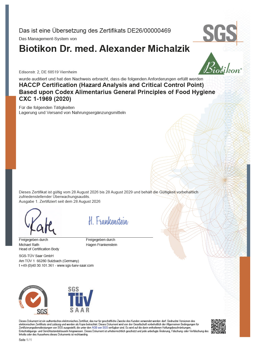 Certificato HACCP – Biotikon Certificato HACCP di Biotikon con dettagli, inclusi logo, note di ispezione e data di validità.