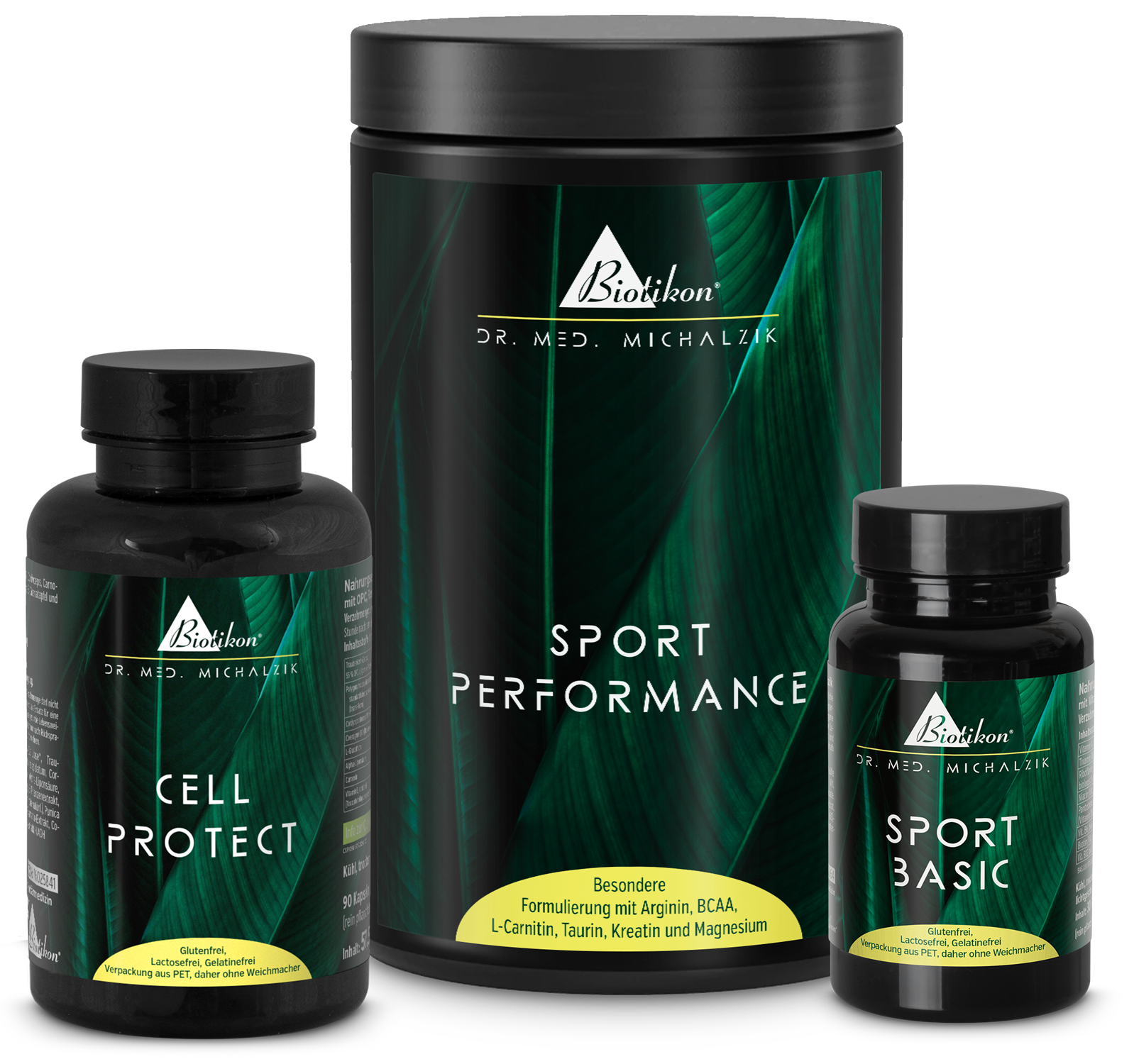 Polvere di Performance Sportiva 300 g Tre integratori: Capsule Cell Protect, Polvere di Performance Sportiva 300 g e Capsule Sport Basic, tutti in confezione nera.