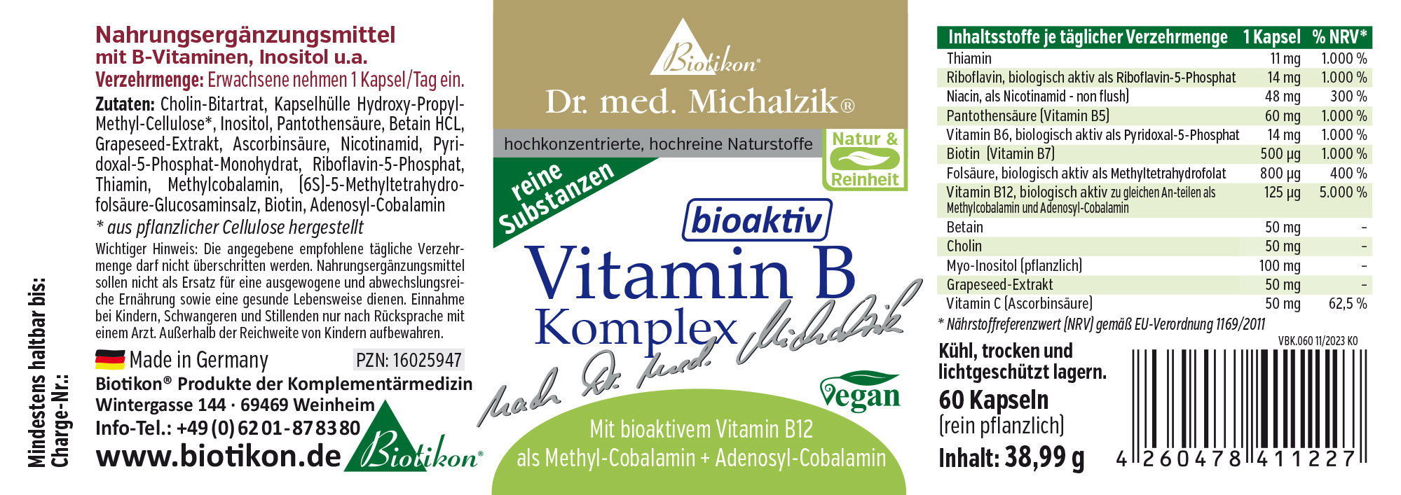 Complesso di Vitamina B – 60 Capsule Integratore alimentare Complesso di Vitamina B, 60 capsule vegane in un packaging robusto e protettivo dalla luce.