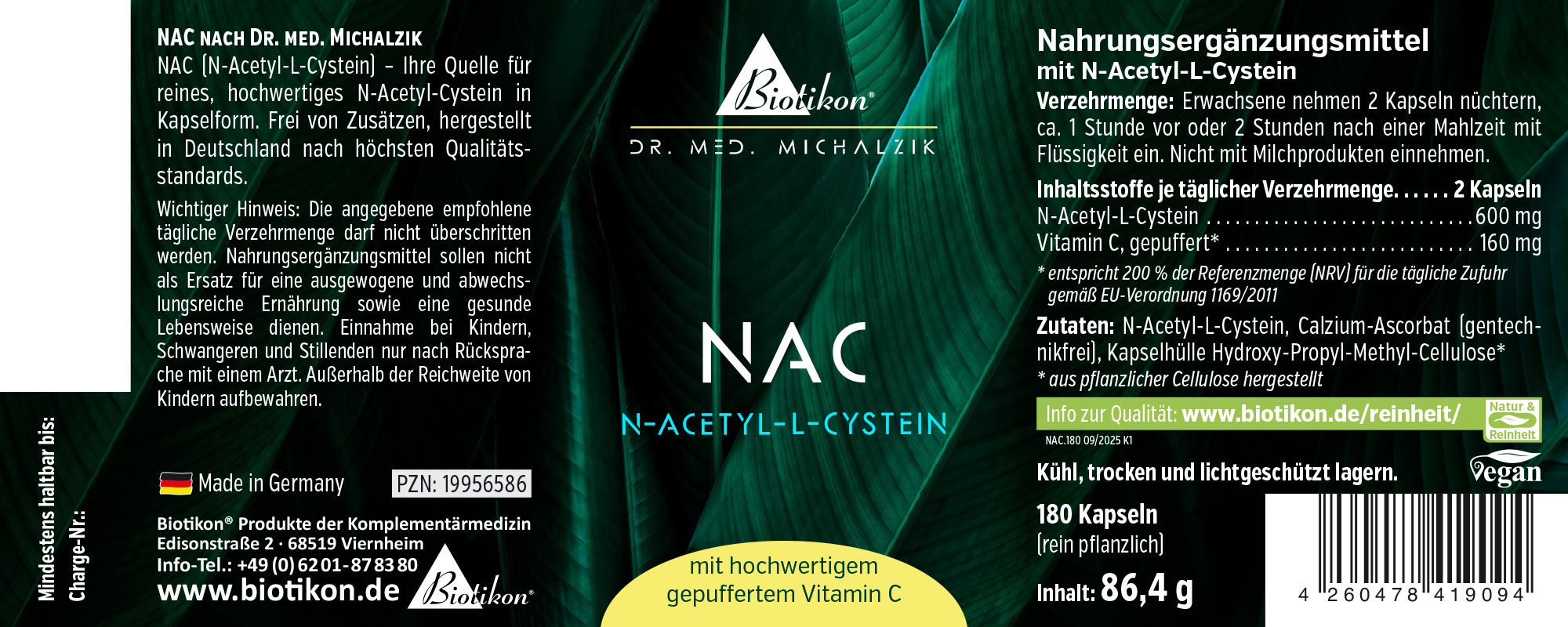 NAC N-Acetil-L-Cisteina in confezione scura, 180 capsule, capsule vegane di alta qualità, produzione tedesca.