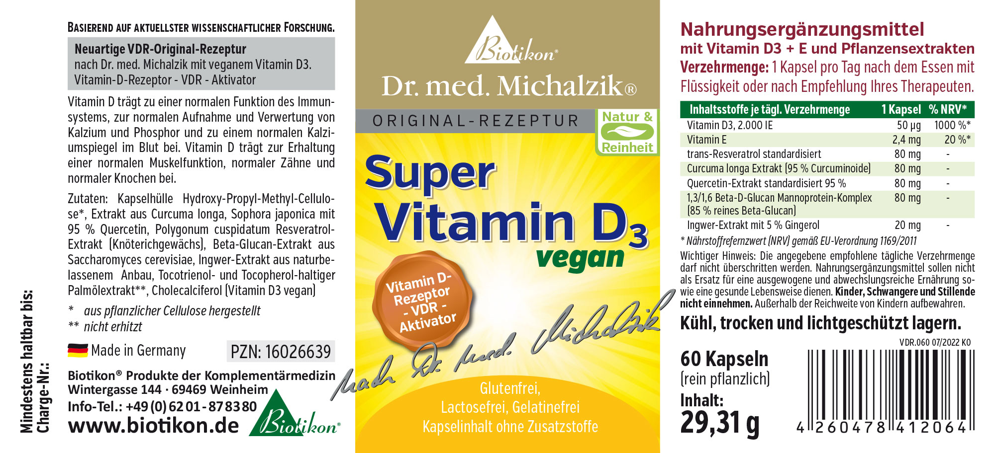 Super Vitamina D3 2000 UI – Capsule Confezione di Super Vitamina D3, 60 capsule vegane, colori giallo e verde, vista frontale