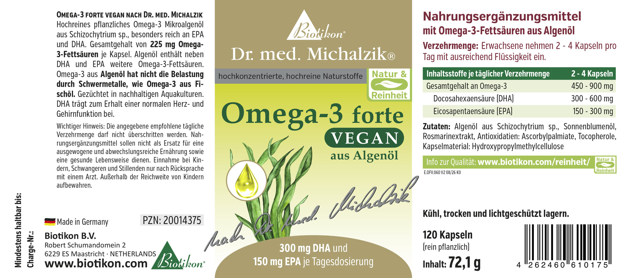 Omega-3 forte vegan Original secondo Dr. med. Michalzik - Etichetta 60 capsule