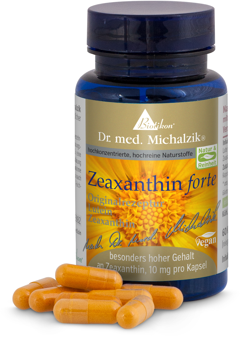 Zeaxanthin Forte 10 mg - Capsule Capsule Zeaxanthin Forte, 60 pezzi in bottiglia blu, capsule arancioni.