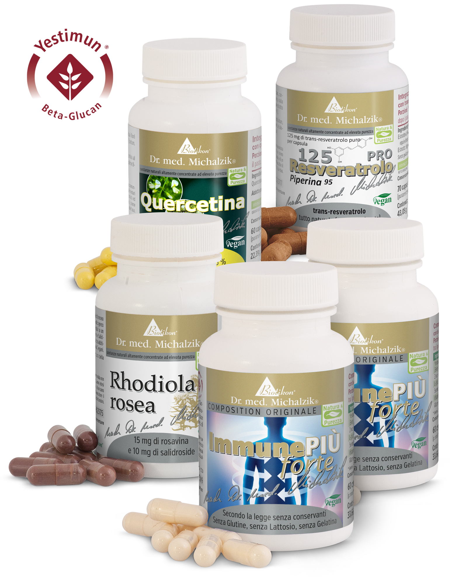 Quercetina 60 Capsule - Integratore Alimentare Capsule di quercetina in una bottiglia bianca, 60 pezzi, con etichetta verde.