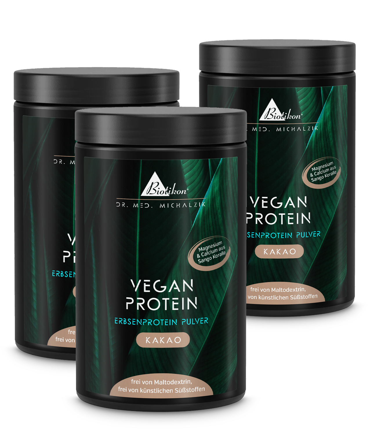 Tre lattine di polvere di proteine vegetali cacao, ciascuna da 300 g, con design bianco e etichetta marrone, vista frontale.