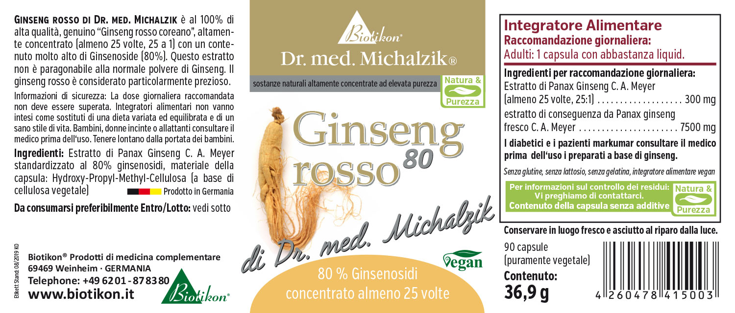 Ginseng Rosso 80 – 90 Capsule Capsule vegetariane con l'80% di ginsenosidi, 90 capsule in confezione trasparente.