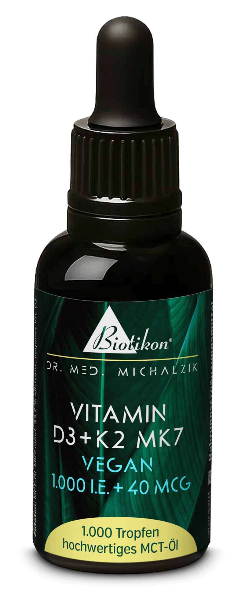 Bottiglia contagocce con 1000 gocce di vitamina D3 e K2 MK7, confezione nera, ben visibile.