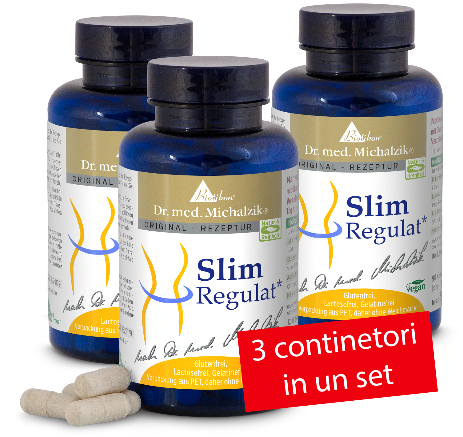 Slim Regulat – 3 x Capsule Tre bottiglie blu di capsule Slim Regulat, 90 pezzi per bottiglia, vegane, senza glutine.