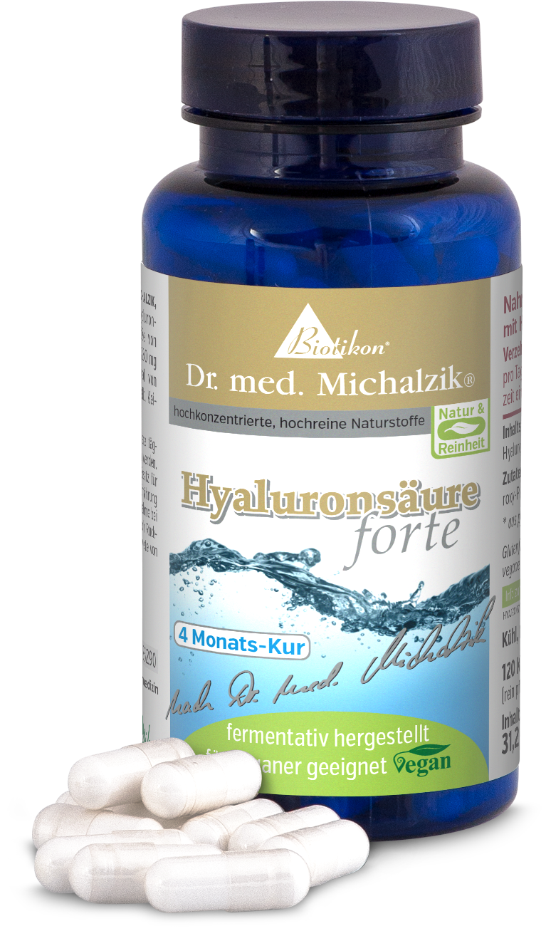 Acido Ialuronico 120 Capsule - Fornitura di 4 Mesi Bottiglia blu con 120 capsule di acido ialuronico vegane, fermentate, vista frontale e dall'alto.