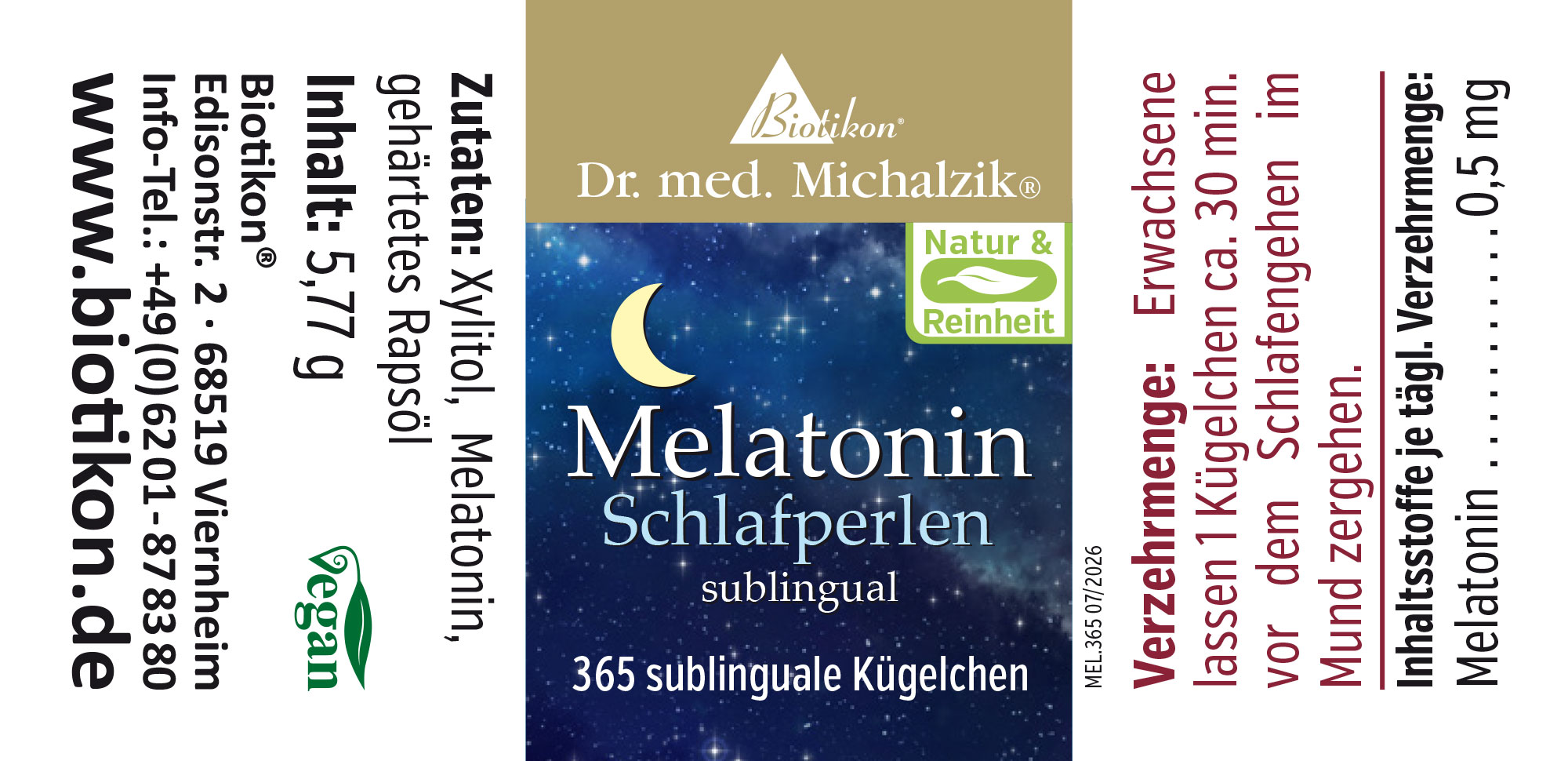 Confezione con 365 compresse sublinguali, design blu con motivo della luna, vegano, 0,5 mg di melatonina per compressa.