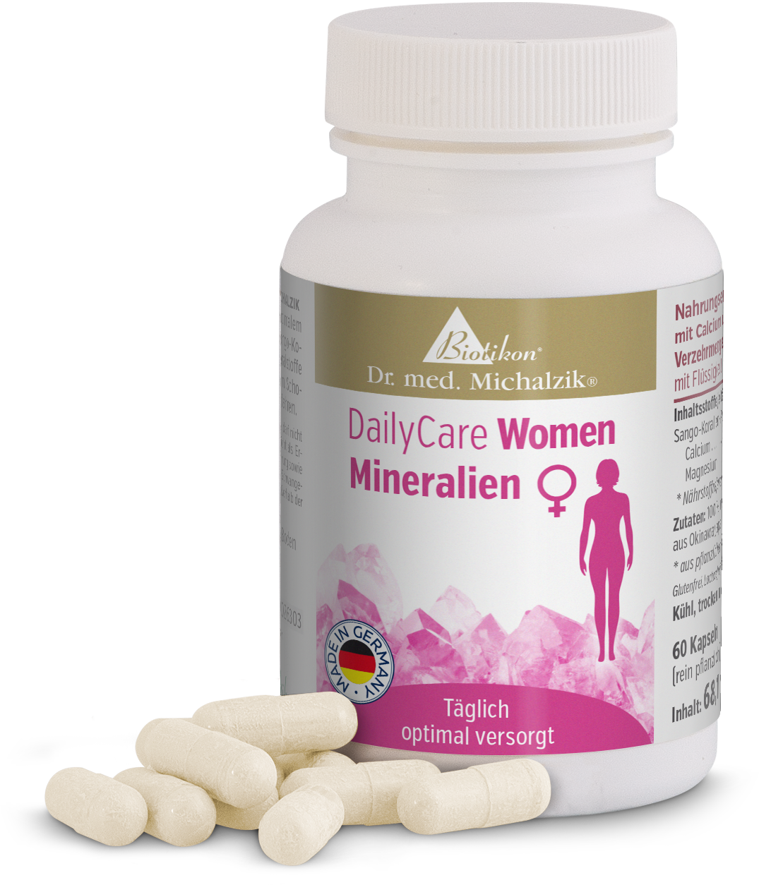Capsule Minerali 60 Pezzi – DailyCare Donne Capsule minerali DailyCare Donne, 60 capsule bianche in una bottiglia di plastica, vista dell'imballaggio e delle capsule.