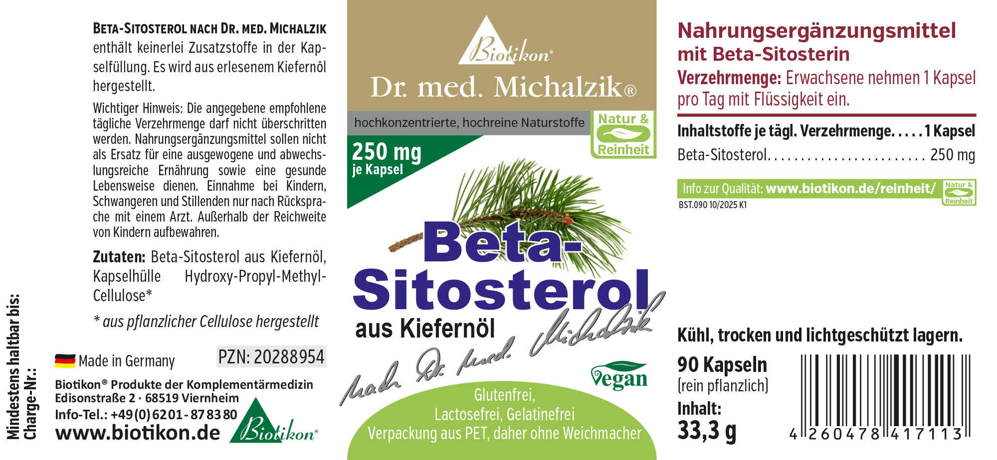 Beta-Sitosterolo 250 mg – Capsule 90 capsule di beta-sitosterolo da pino, confezione vegana, 250 mg per capsula.