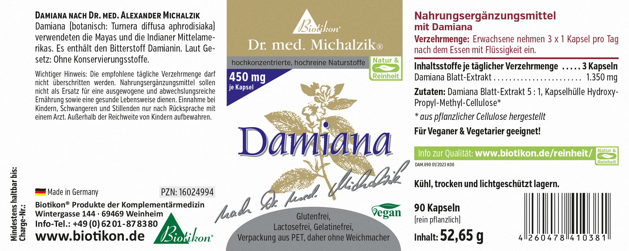 Damiana 450 mg – Capsule 90 capsule contenenti estratto di foglia di Damiana, capsule vegane, confezione con design bianco, ben visibile.