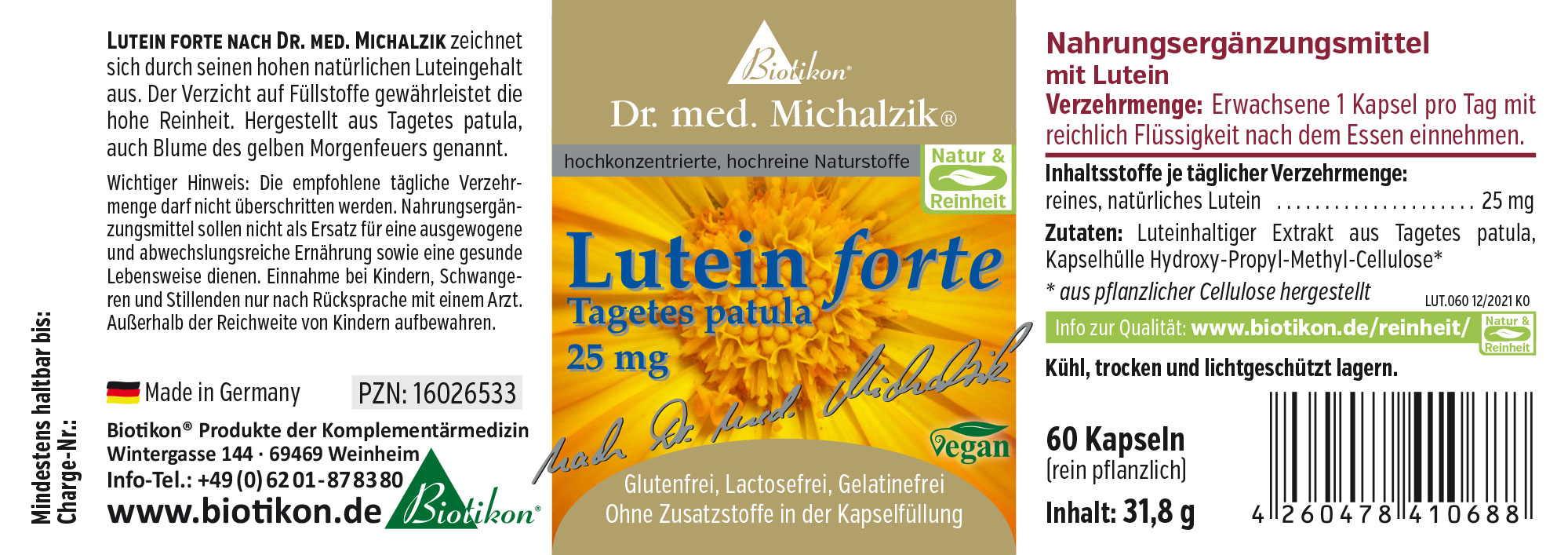 Luteina Forte 25 mg – Capsule Integratore alimentare Luteina Forte con 60 capsule vegane, confezione gialla e bianca.