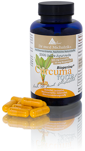 Curcumina 555 mg – Capsule Bottiglia con capsule di curcuma, 555 mg, capsule gialle, contenitore blu, etichettatura bianca.