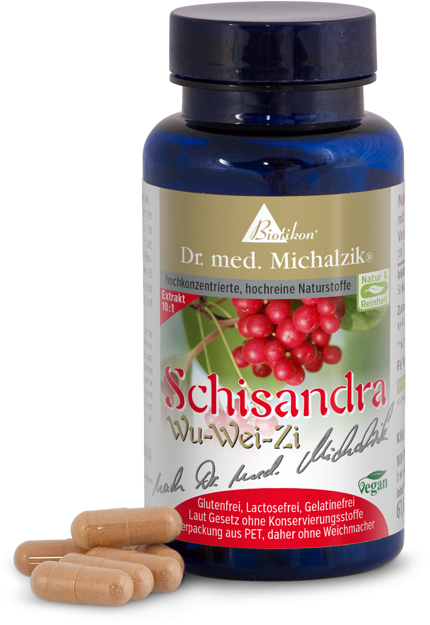 Schisandra Wu-Wei-Zi – 100 Capsule Bottiglia blu con 100 capsule di Schisandra Wu-Wei-Zi, capsule di colore naturale, vista frontale.