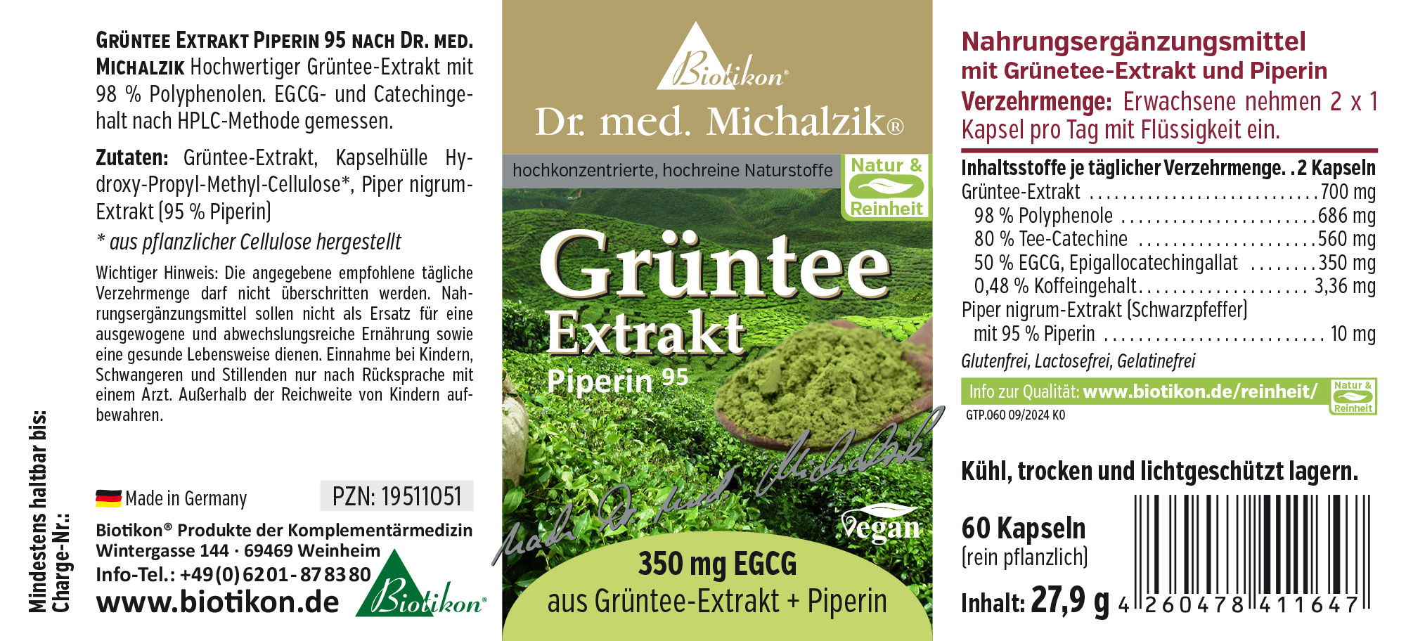 Estratto di Tè Verde 350 mg - Capsule Estratto di tè verde con piperina, 60 capsule in confezione, colore verde, vista laterale.