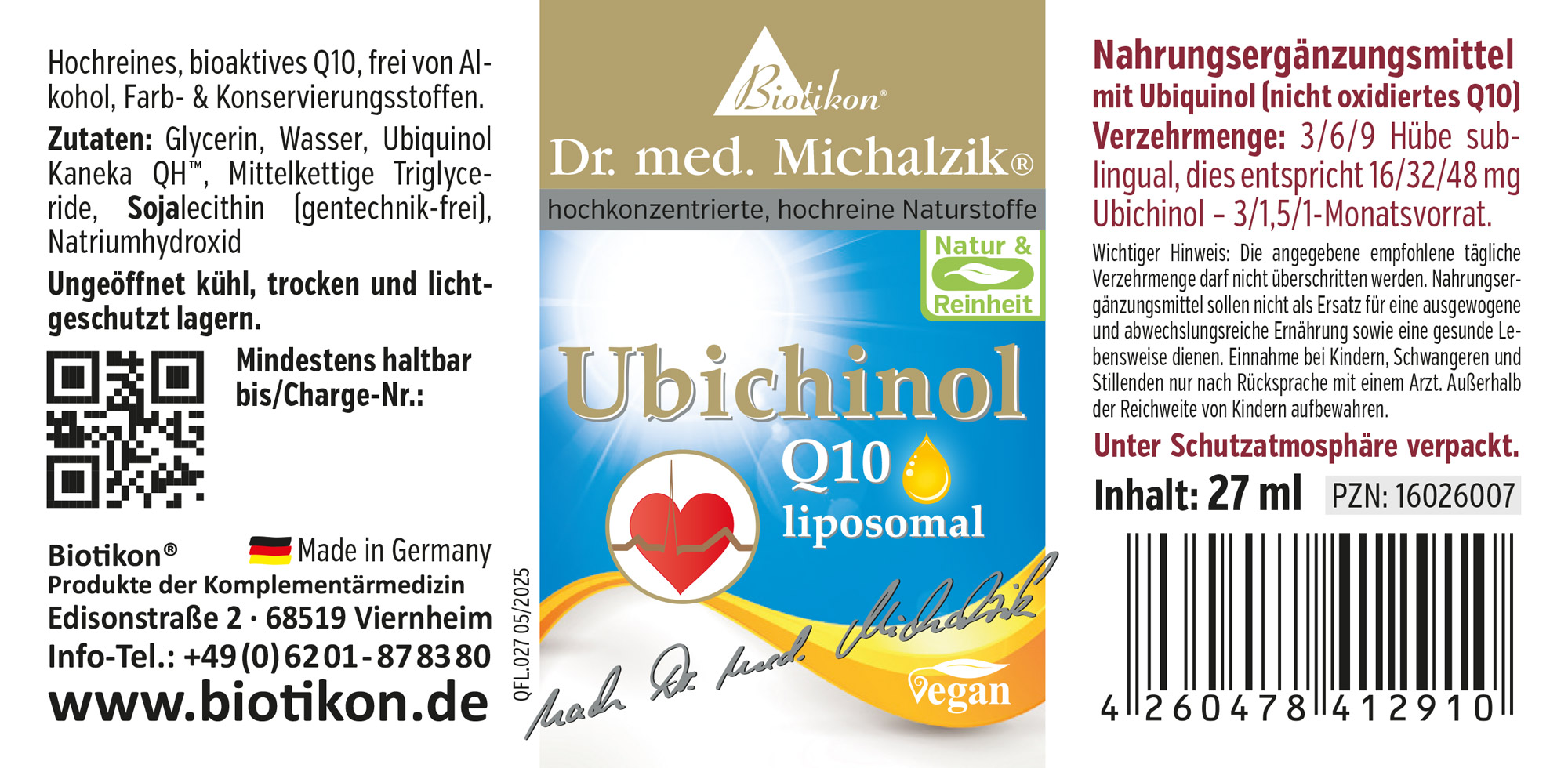 Ubichinolo Q10 27 ml - Liposomiale Ubichinolo Q10 liposomiale in una bottiglia da 27 ml, etichetta blu, vegano.