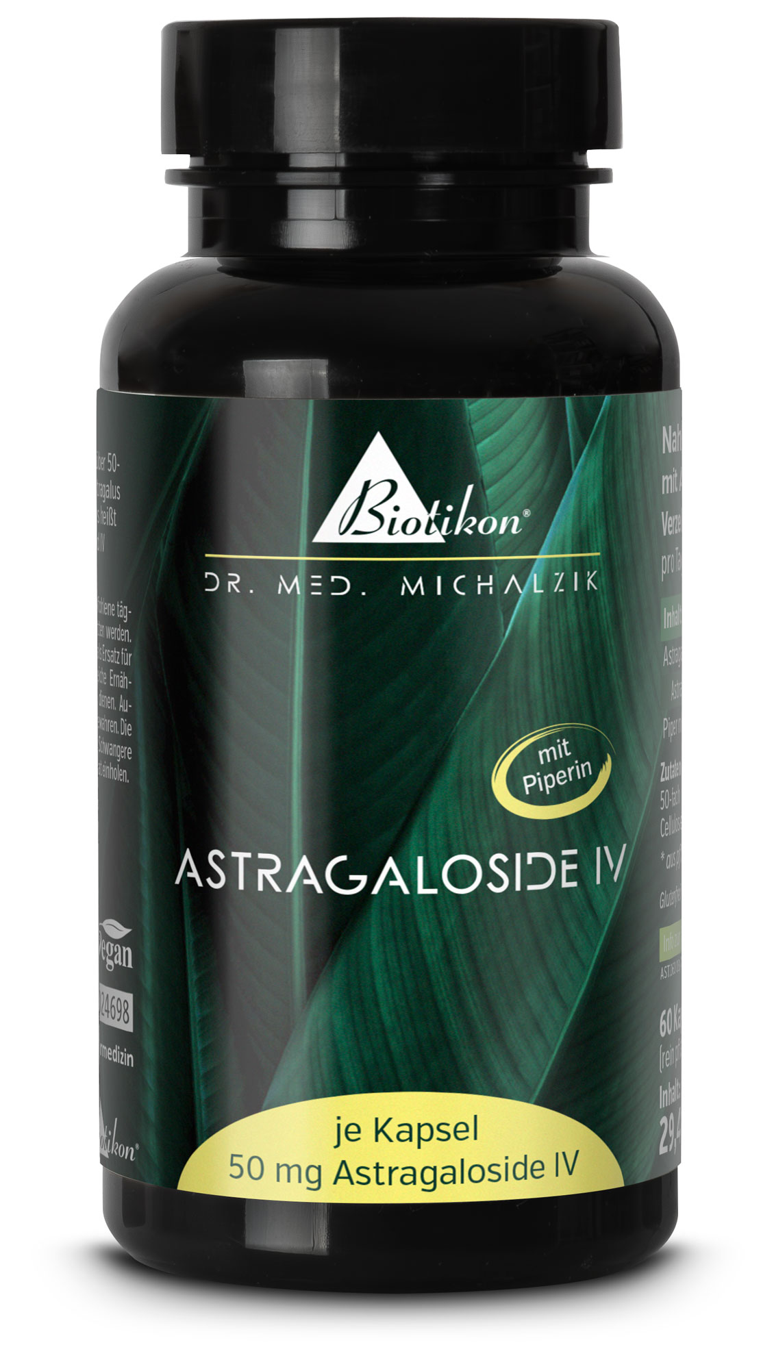 Capsule di Astragaloside IV in una bottiglia bianca, 50 pezzi, capsule beige visibili sul tavolo.