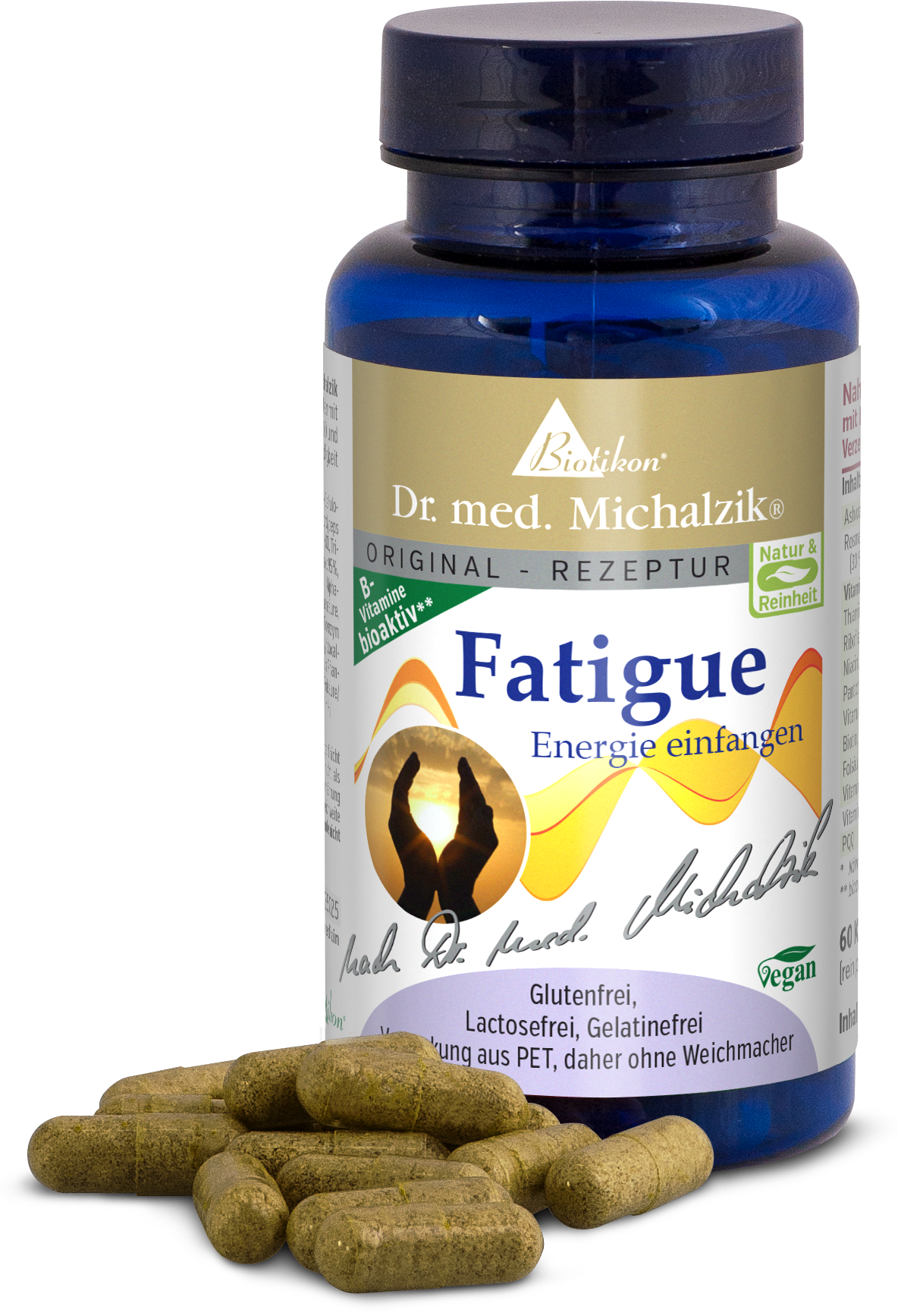 Vitamine B Per Affaticamento - 60 Capsule Capsule marroni in una bottiglia blu, 60 pezzi, senza glutine, vegano.