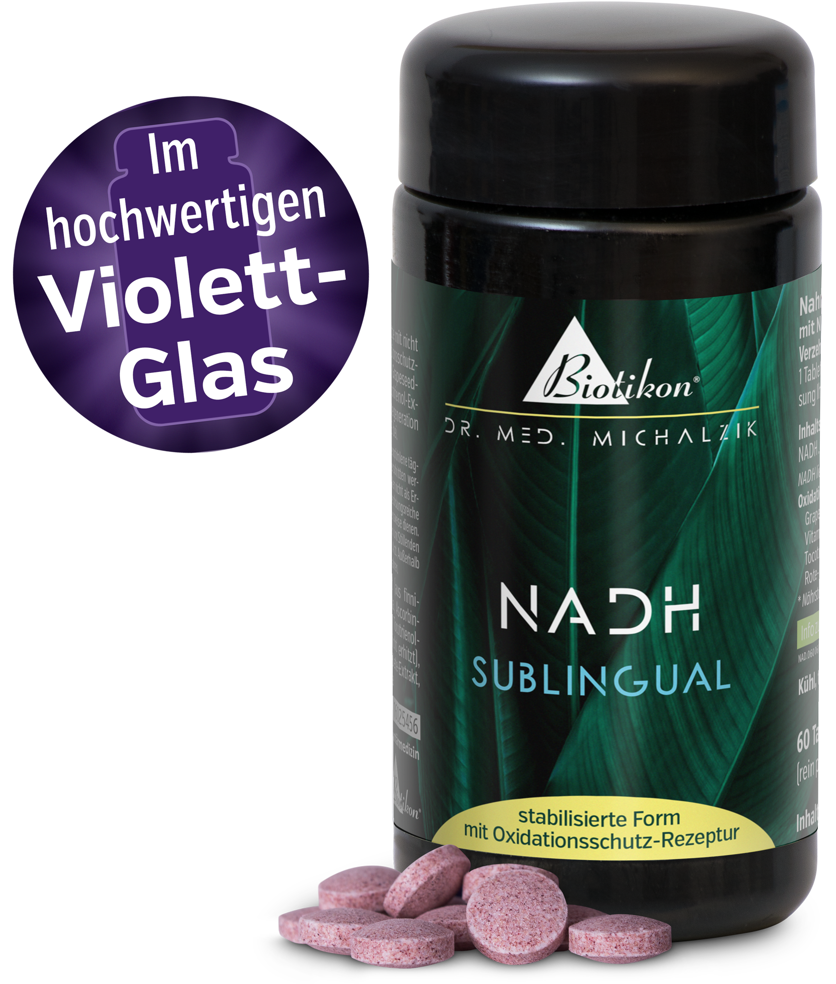 Dose di NADH in Vetro Viola di Alta Qualità Bottiglia in vetro viola con 60 compresse sublinguali, elegantemente confezionata.