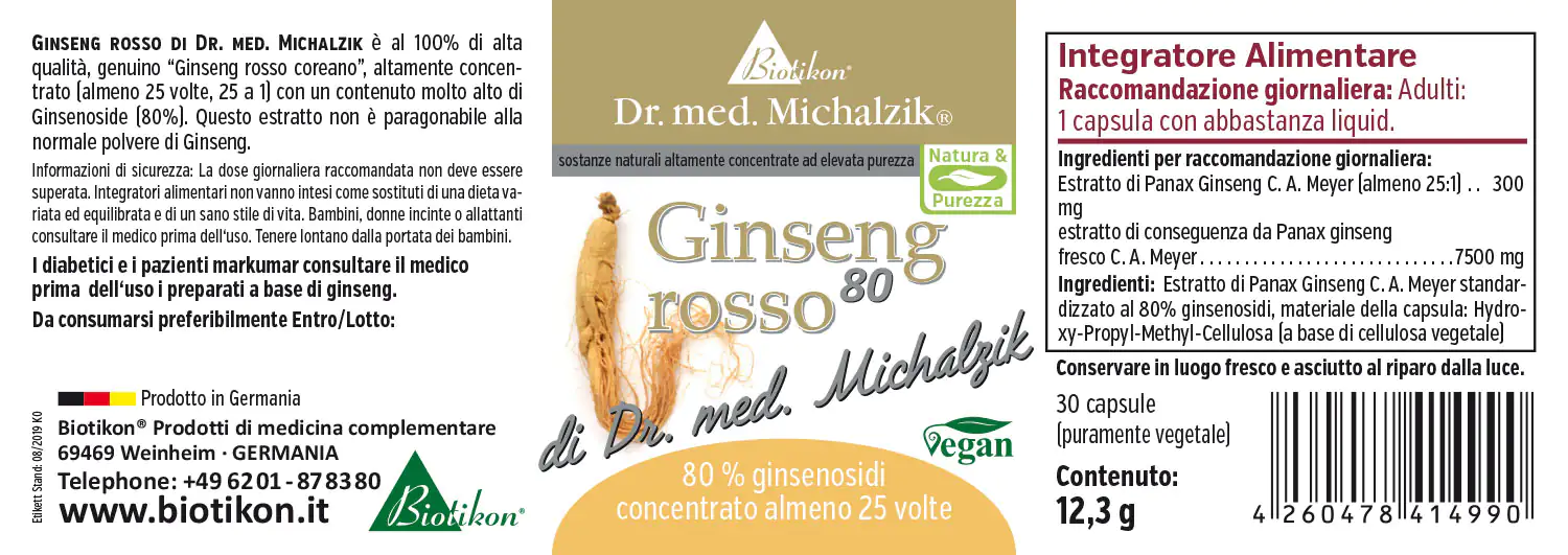 Ginseng rosso 300 mg – Capsule 30 capsule con estratto di ginseng, 80% Ginsenosidi, confezione verde, vista frontale.