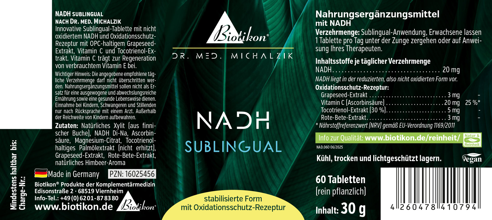 NADH sublinguale 20 mg – 60 compresse Compresse sublinguali NADH in confezione verde, 60 pezzi, 30 g, con informazioni sugli ingredienti.