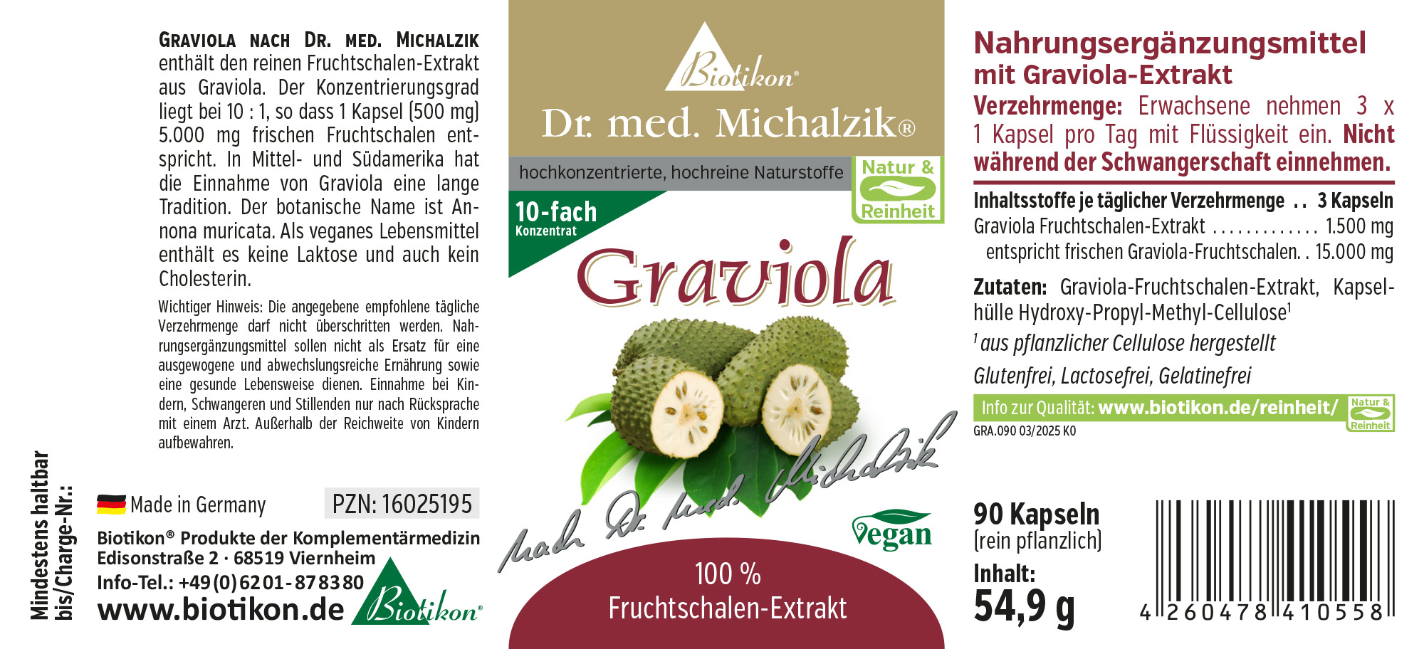 Graviola 500 mg – Capsule vegane Capsule vegane di Graviola, 90 pezzi, estratto di buccia di frutta 500 mg, in confezione beige-verde.