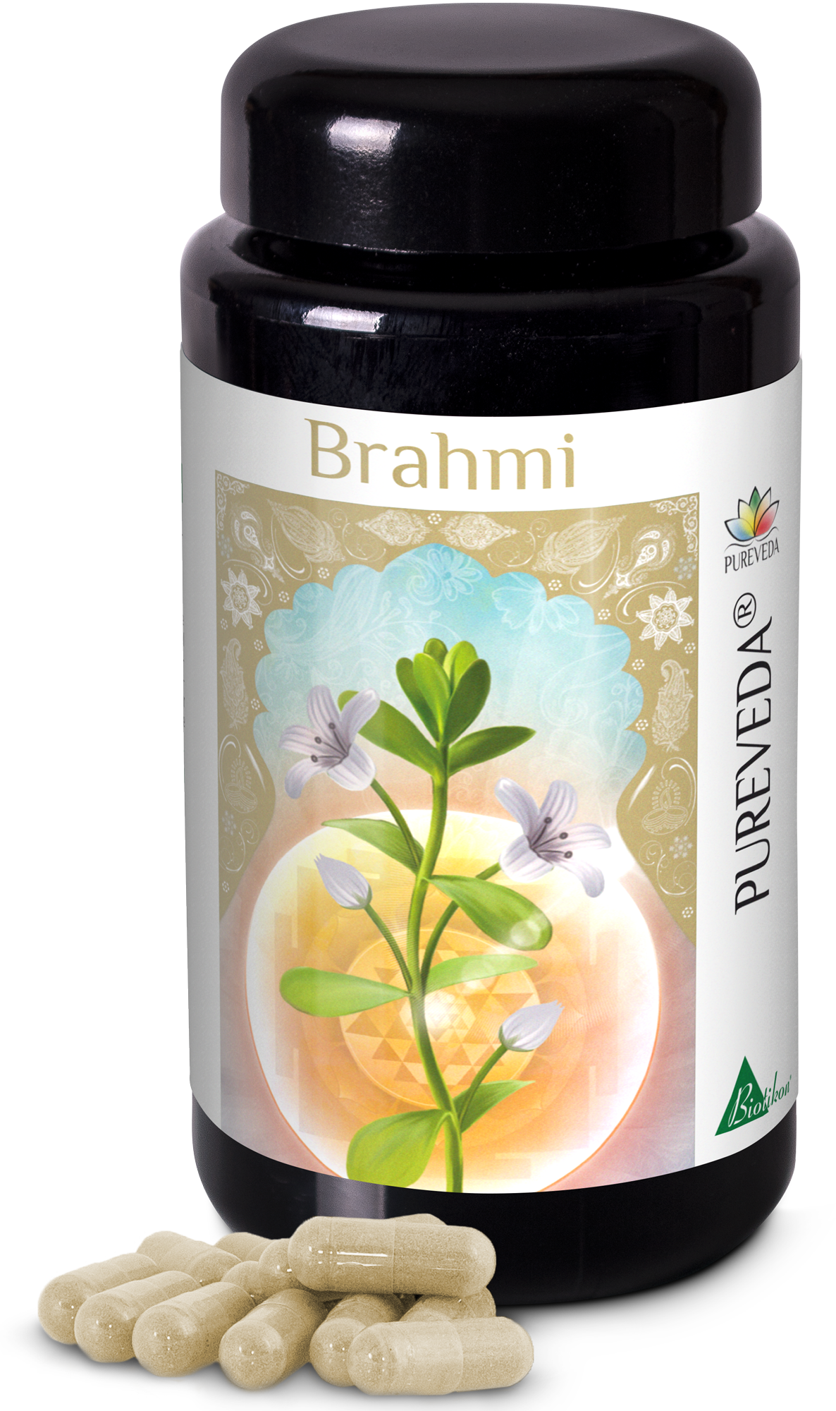 Capsule di Brahmi – 60 pezzi Flacone marrone trasparente contenente capsule di Brahmi di colore naturale, circondato da diverse capsule.
