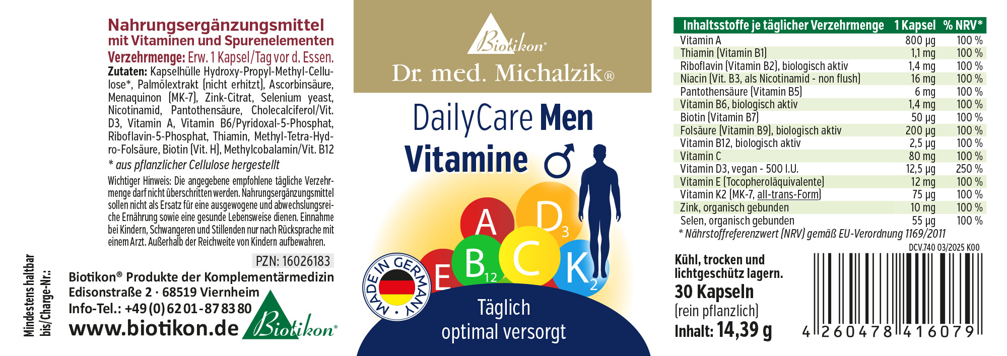 Vitamina 1 Capsula – DailyCare Men Integratore alimentare in forma di capsula, 30 capsule, confezione verde, vista anteriore del pacco.