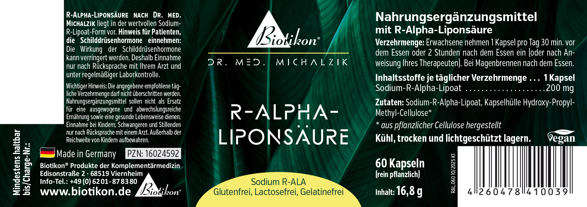 Acido Alfa-Lipoico R 200 mg – 120 Capsule 120 capsule di acido alfa-lipoico R, confezione vegana, scritte verdi e dorate, vista laterale.