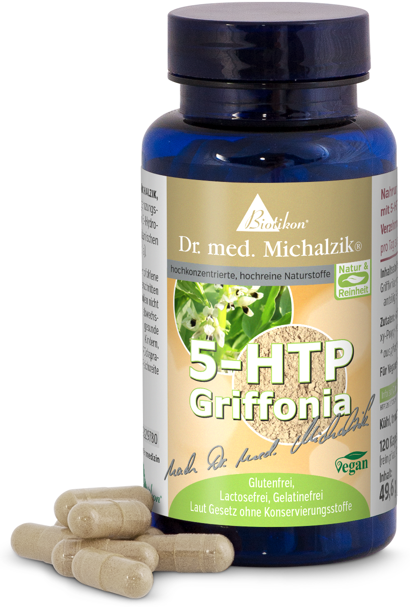 5-HTP Griffonia – 120 Capsule Capsule marroni di 5-HTP Griffonia in una bottiglia blu, 120 capsule, vegano.