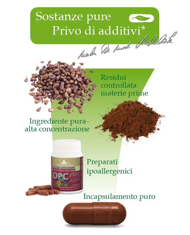 OPC Plus – 100 Capsule Capsule OPC Plus in una bottiglia bianca, capsule marroni, ingredienti accanto, confezione trasparente.