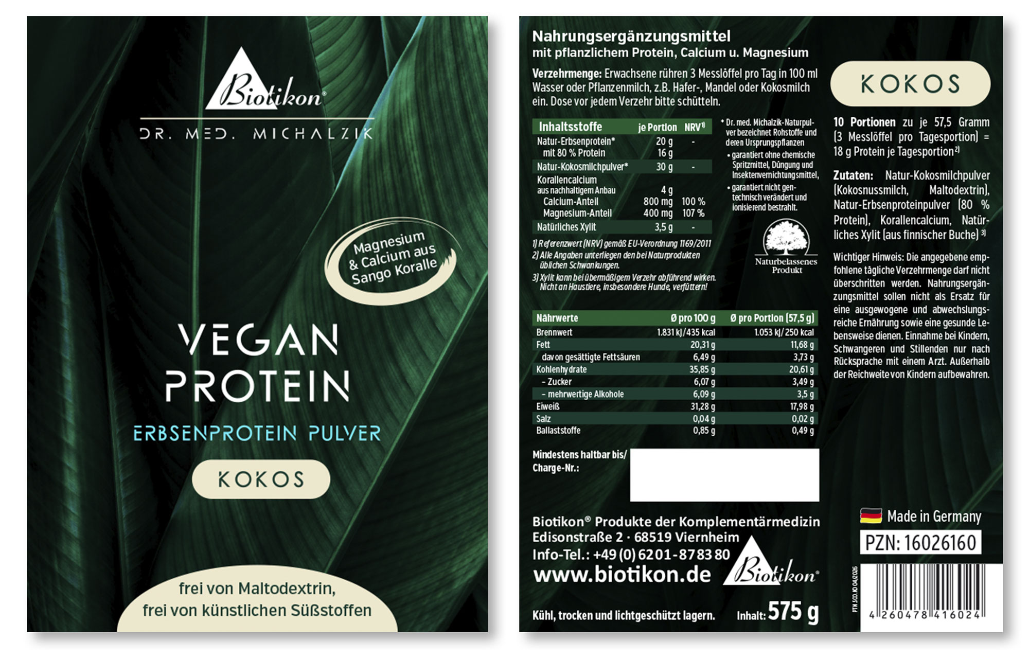 Polvere proteica vegana al gusto di cocco in una scatola da 575 g, confezione beige, vista frontale.