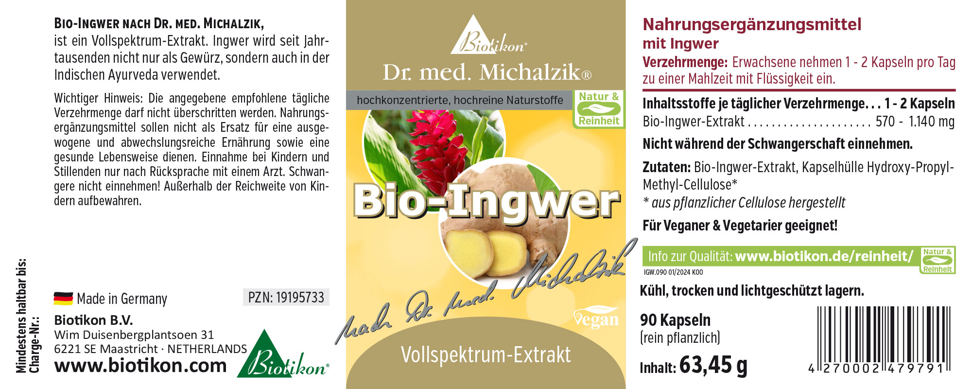 Zenzero Biologico 1-2 Capsule – Estratto a Spettro Completo Integratore alimentare di zenzero biologico in capsule, 90 pezzi, confezione gialla, vista frontale.