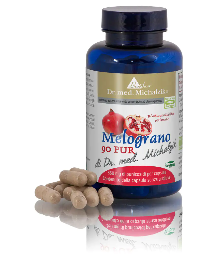 Melograno 360 mg - 90 Capsule Capsule di melograno in bottiglia marrone, 90 capsule, vegane, contenente 360 mg per capsula.